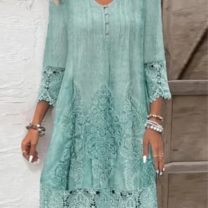 2024 New Women's Spring Summer Solid Color Sexy Hollow Fashion Lace Lace Printed Casual Five Sleeve Knee Length Dress