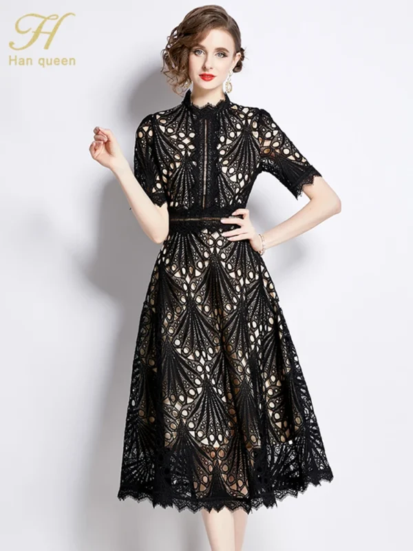 H Han Queen Spring New Elegant Casual Work Party Dresses Floral Crochet Hollow Out Lace Patchwork Casual Office Midi Dress - Imagen 5
