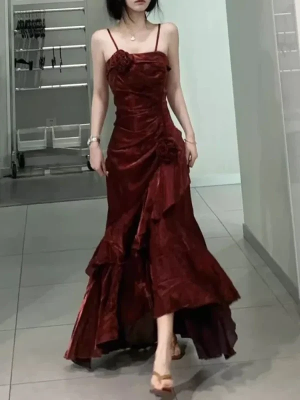 Korean Vintage Velvet Long Dress Women Luxury Slim Mermaid Spaghetti Strap Floral Dress Elegant Sexy Casual Evening Party Dress - Imagen 3