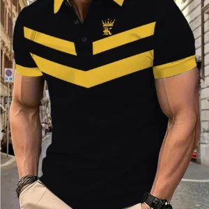 2025 men's summer new short-sleeved POLO shirt matching color printed slim-fit casual striped lapel top