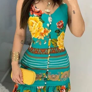 V-neck Buttoned Design Print Dress