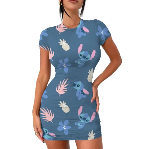 2022 Disney Stitch 3D Cartoon Print Tight Dress Short Sleeve Women's Tight Mini Dress Hip Print Kawaii beach party Women's Dress - Imagen 6