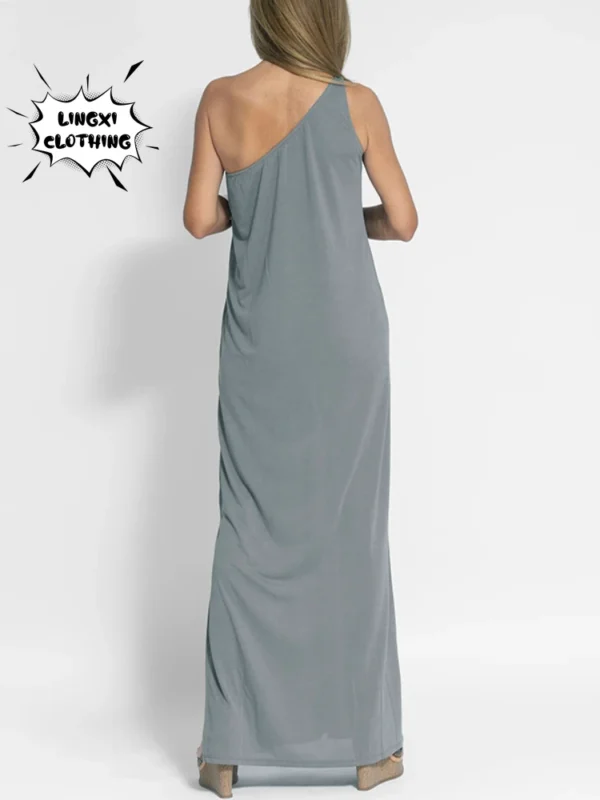 2023 Fashion Summer New One Shoulder Split Solid Tank Top Dress Women's Elastic Temperament Beach Vacation Beauty Long Dress - Imagen 6