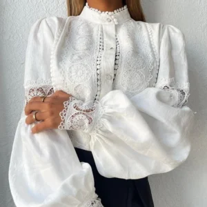 White Lace Blouses Women Elegant Solid Casual Lace and Button Hook Flower Hollow Puff Sleeves Blouse Top Lady Office Shirts