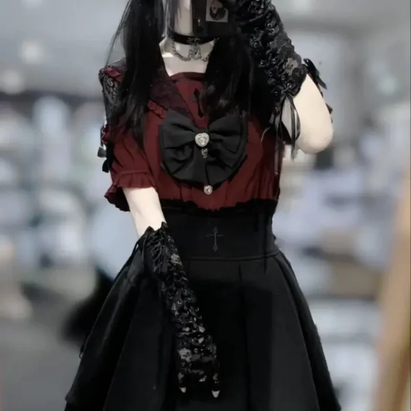 Kawaii Women Shirts Lolita Y2K Punk Japanese Style Blouse Sweet Bow Embroidery Short Sleeve Tops Casual Aesthetic Shirt 2024 - Imagen 3