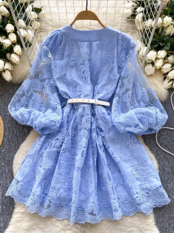 France Elegant Vintage Palace Evening Dress Women Embroidery Sashes Short Party Dress Female Design Casual Holiday Clothing New - Imagen 4