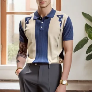 Summer New Men's Color Matching Knitted Short-Sleeved Polo Shirt Casual Fashion Retro Trend Slim All-Match Business Men's Tops