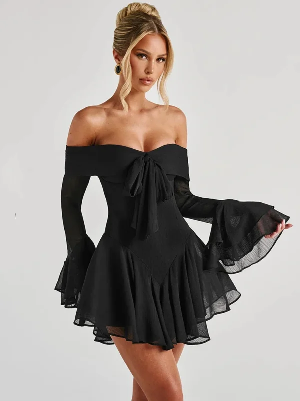 Mozision Strapless Long Flare Sleeve Sexy Mini Dress For Women Robe Off-shoulder Backless High Waist A-line Club Party Dress - Imagen 6