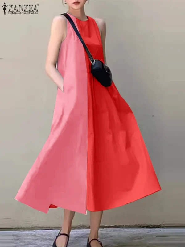ZANZEA Fashion Women Sleeveless Long Sundress 2024 Summer Tank Shirt Dress Holiday Colorblock Robes Casual Round Neck Vestidos - Imagen 3