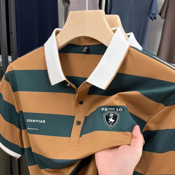 Luxury brand embroidered short sleeve polo shirt men's summer fashion color blocked striped new lapel T-shirt high-end Paul top - Imagen 2