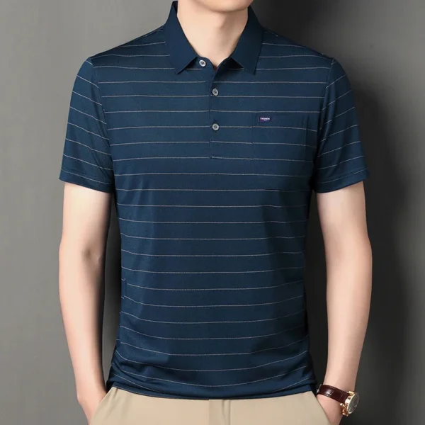 Men's Summer Short-sleeved Polo Shirt Middle-aged Men's Casual Fashion Collar Horizontal Stripe Sleeved Top Trendy Short T-shirt - Imagen 3