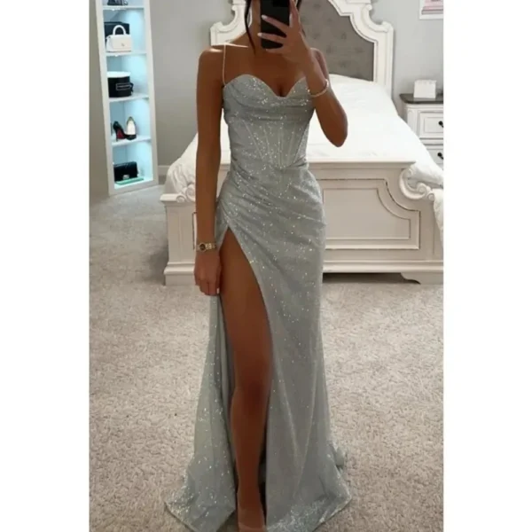 Women's S-XL size Party Fashion Suspender Dress with A Straight Neckline Sleeveless Solid Color Slim Fit Slit Casual Long Dress - Imagen 2