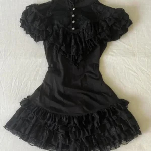 Goth 2Piece Set Y2k Slim Lace Sweet Womens Dresses Short Sleeve Button Party Dresses Harajuku Korea 90s Emo Grunge Summer Lolita