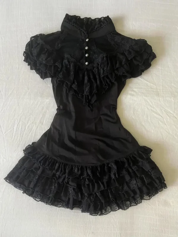 Goth 2Piece Set Y2k Slim Lace Sweet Womens Dresses Short Sleeve Button Party Dresses Harajuku Korea 90s Emo Grunge Summer Lolita