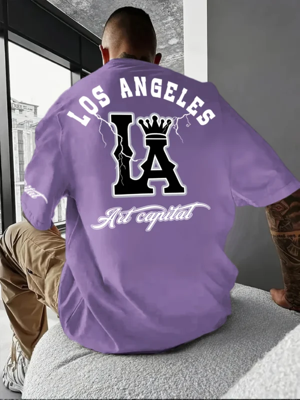 Men's casual T-shirt with Los Angeles letters and large LA pattern print,comfortable and breathable with slight elasticity - Imagen 5