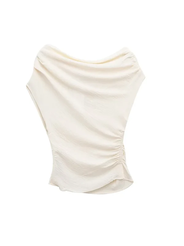 TRZA Women's Asymmetric Draped Blouse O-Neck Sleeveless Chic Fashion Top Female Shirt - Imagen 2