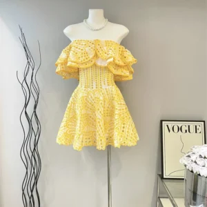 JAMERARY Women Dress Summer Runway Cut Out Double Layer Ruffles Embroidery Elastic Waist Short Party Vestidos Holiday Beach Wear
