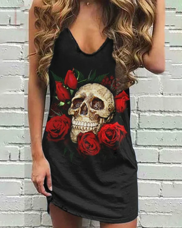 Skull Scarf Sunglasses Print Women Sleeveless Summer Vest dress Solid Color Dress Streetwear O-Neck Casual - Imagen 2