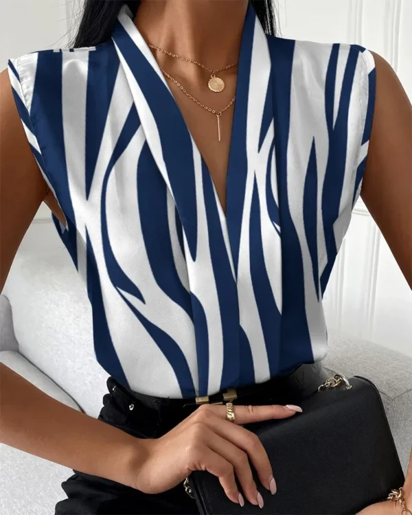 New Women's Office Shirts Summer Lady Sleeveless V-neck Print Elegant Women Blouse Top Streetwear Female Clothing - Imagen 2