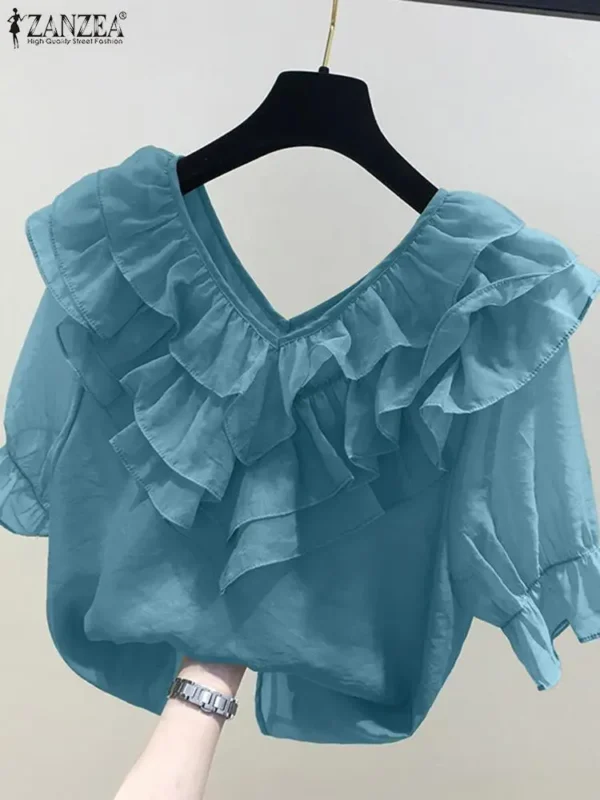 ZANZEA Women Solid Ruffle Blouse Vintage 3/4 Sleeve V-Neck Chemise 2024 Summer Office Chiffon Shirts Casual Loose Stitching Tops