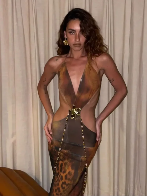 Cut Out V Neck Midi Dress Women Summer Crystal-Lk Backless Bodycon Party Dresses Leopard Prt Slim Maxi Vestidos Holiday - Imagen 4