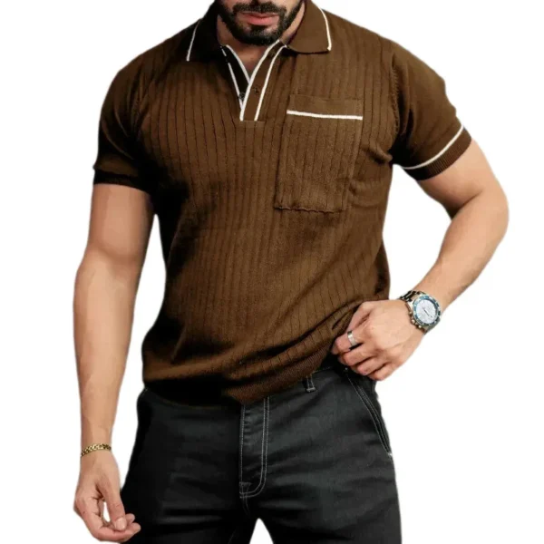 Spring Summer Men's Knit Tops Short Sleeve Turn-down Collar Button Polo Shirts Male Knitwear Fashion Striped Knitting Polo Tees - Imagen 2