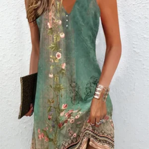 Women's Dresses 2023 Summer Vintage Flower Print Stitching V Neck Mini Dress Bohomian Sleeveless Button Plus Size Vestidos