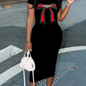 Summer heart-shaped print short sleeved women's sexy dress Casual Round Neck Pullover Dress Solid Color