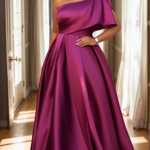 Women's Plus Size Evening Dress One Sleeve Pleated A-Line Elegant Wedding Guest Cocktail Maxi Dresses Off Shoulder Formal Dress