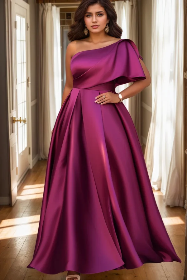 Women's Plus Size Evening Dress One Sleeve Pleated A-Line Elegant Wedding Guest Cocktail Maxi Dresses Off Shoulder Formal Dress