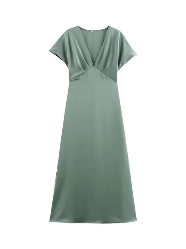 TRAFZA Women Elegant Solid Satin Dress Sexy V Neck Short Sleeve Midi Dress 2025 New Fashion Summer Lady Holidays Party Dress - Imagen 4