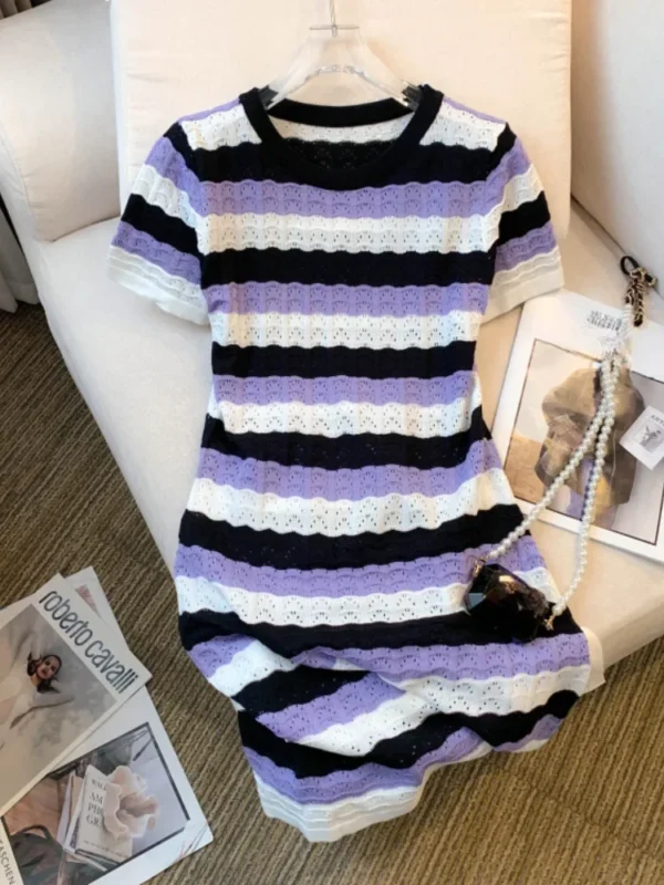 2024 New Colorful Striped Crew Neck Dress Chic Short Sleeve Bag Hip Mini Knitted Dress For Spring & Summer Women's Clothing - Imagen 2