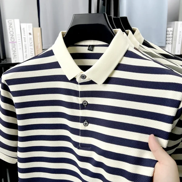 High Quality Summer Men's Business Casual Short Sleeve Comfortable Striped Lapel Polo Short Sleeve Fashion Polo T-shirt Top