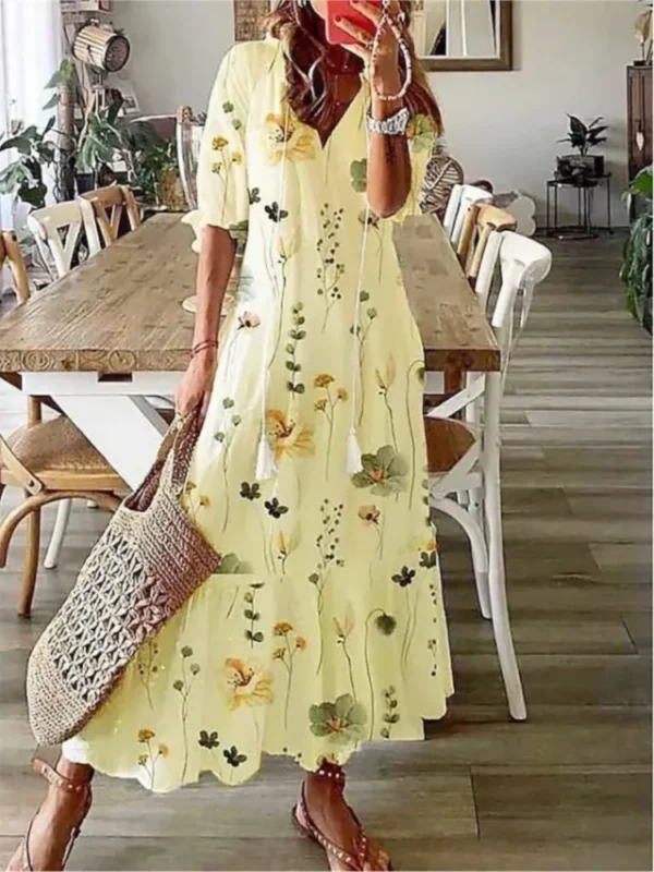 2024 Women Vintage Print Bohemian Dress Summer Fashion V Neck Half Sleeves Long Dresses Female Casual Holiday Beach Dresses - Imagen 5
