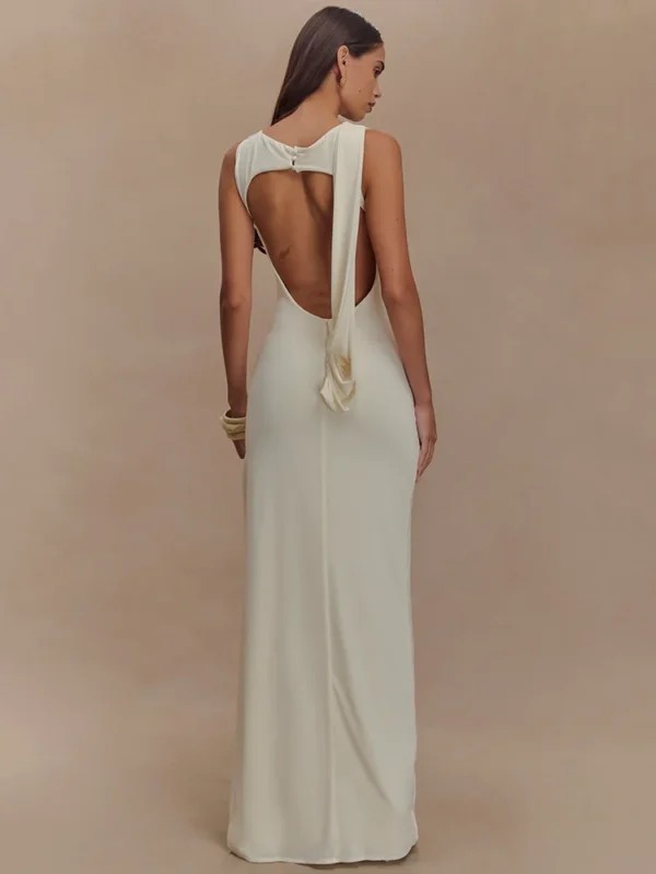 Mozision Backless Ruched Sexy Maxi Tank Dress Women Gown Summer New O Neck Thigh High Split Bodycon Elegant Long Dress Fashion - Imagen 3