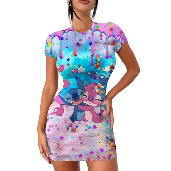 2022 Disney Stitch 3D Cartoon Print Tight Dress Short Sleeve Women's Tight Mini Dress Hip Print Kawaii beach party Women's Dress - Imagen 4