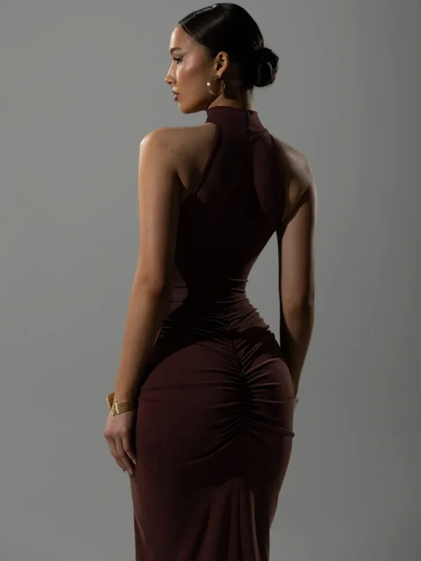 Mozision Halter Ruched Sleeveless Sexy Maxi Dress Women Gown Fashion Slim High Waist Evening Club Party Split Long Dress - Imagen 4