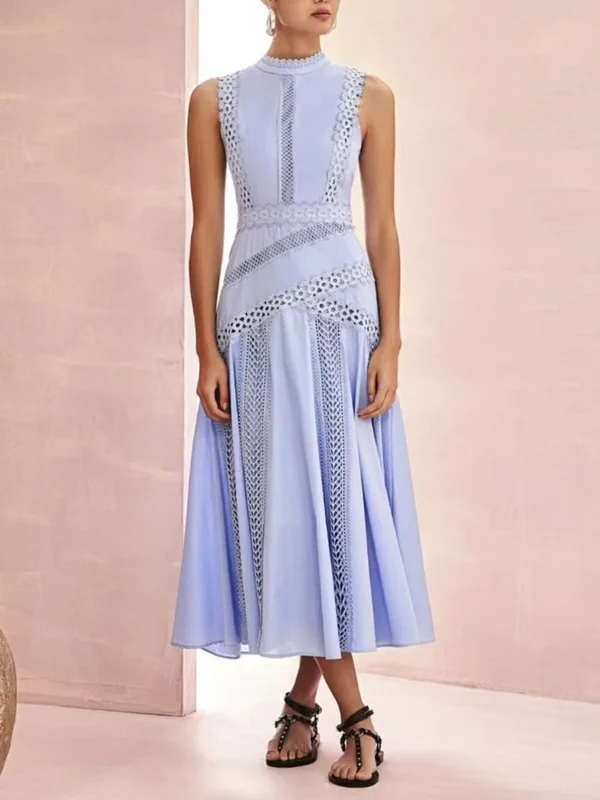 VGH Solid Embroidery Elegant Long Dresses For Women Stand Collar Sleeveless High Waist Hollow Out A Line Dress Female New 2024 - Imagen 2