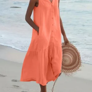 Summer Loose Casual Patchwork Cotton Linen Pocktes Dress V Neck Beach Style Dress Sleeveless Vintage Club Midi Solid Women Dress