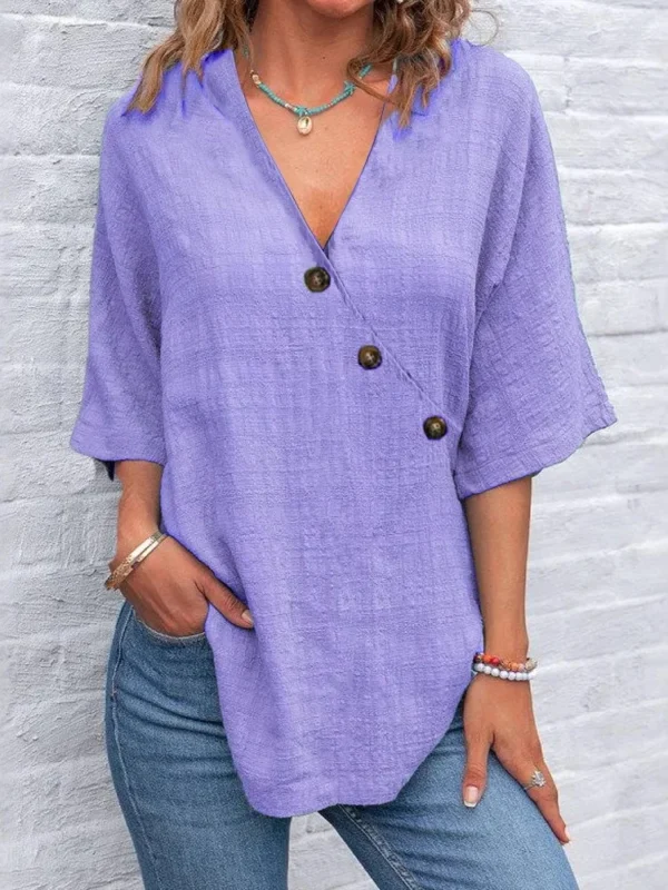 Women's Shirt Top V-neck Solid Casual Loose Shirt Summer Fashion V Neck Elegant Short Sleeve Party Tops Shirts Womens Clothing - Imagen 2