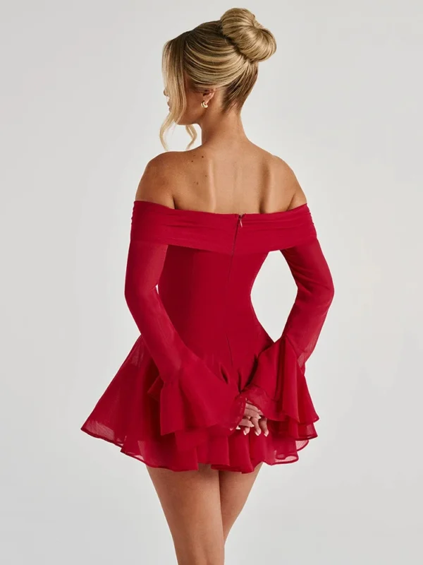 Mozision Strapless Long Flare Sleeve Sexy Mini Dress For Women Robe Off-shoulder Backless High Waist A-line Club Party Dress - Imagen 4