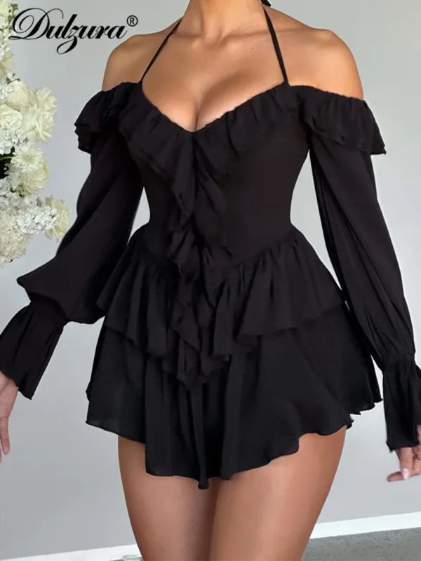 Dulzura Solid Pure Color Halter Ruffle Flare Sleeves Mini Dress 2024 Summer For Women Sexy Elegant Birthday Party Clubwear - Imagen 4