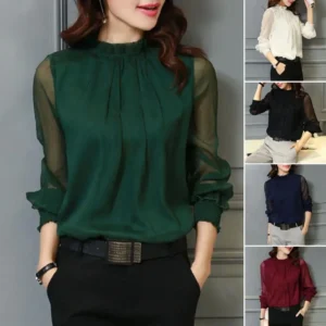 Perspective Net Mesh Sleeve Office Shirt Top Elastic Cuffs Women Shirt Elegant Ruffle Collar Blouse Solid Color Chiffon Shirt