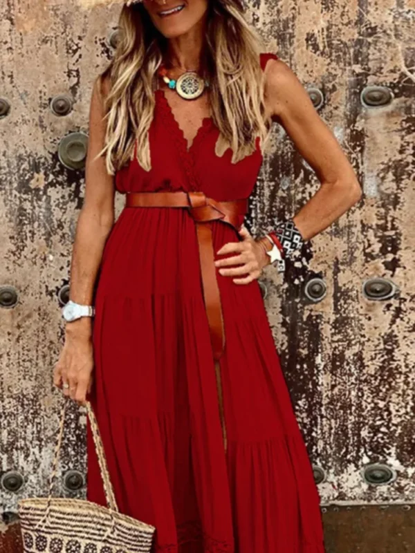 2025 Summer Bohemian Dress Women Sexy Lace Patchwork Casual Deep V-Neck Elegant Beach Long Dress Solid Sleeveless Vestidos Femme - Image 4