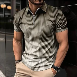 Vintage Stripe Zip Up Shirt For Men Big Size Lapel Male Zipper Polo Shirt 3d Graphic Short Sleeve Pullover Tee Casual Sweatshirt
