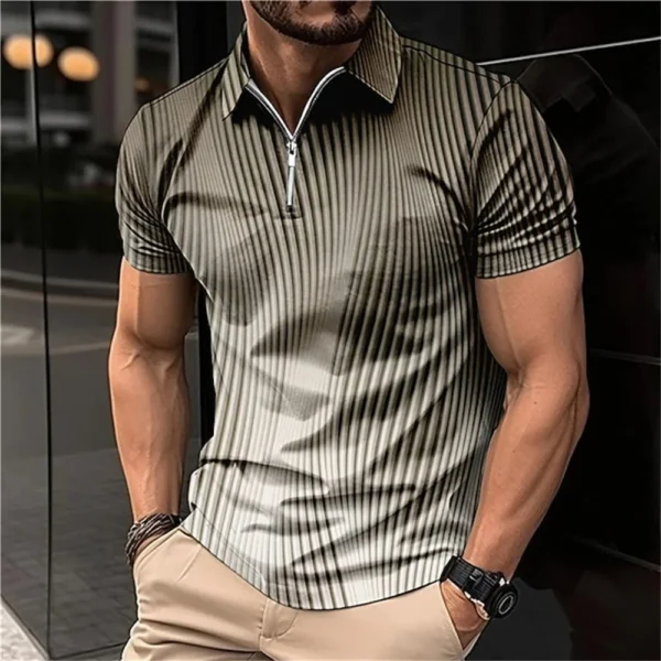 Vintage Stripe Zip Up Shirt For Men Big Size Lapel Male Zipper Polo Shirt 3d Graphic Short Sleeve Pullover Tee Casual Sweatshirt