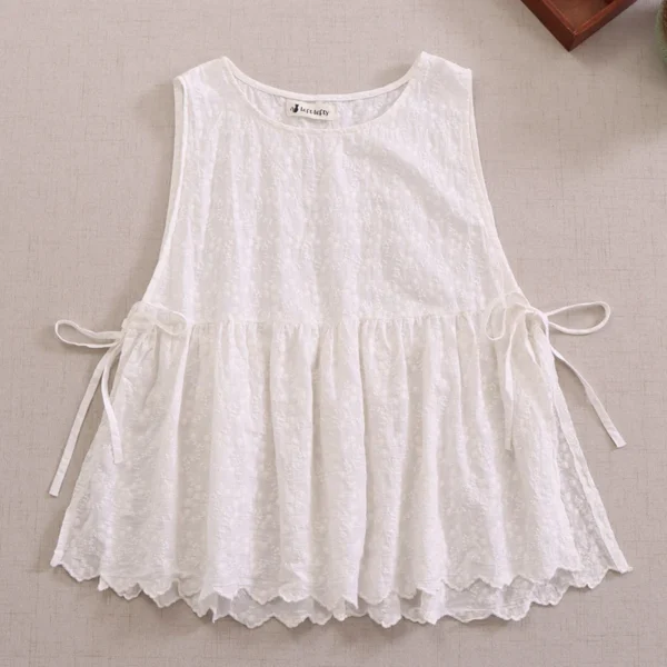 Japanese Sweet Mori Girl Embroidery Sleeveless Blouse Women Summer O-neck Solid Color Vintage Loose Vest Tank Tops - Imagen 2