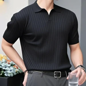 Slavinson Men's Short Sleeve Summer Retro Knit Lapel Striped Top Solid Color Soft Breathable Light Polo Knitwear Men US Size