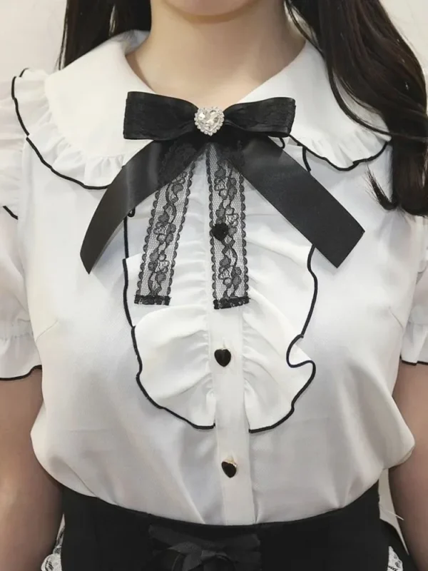 Sweet Lolita Fashion All Match Blouses Women Japanese Summer Y2k Aesthetic Ruffled Bow Shirts Girly Kawaii Patchwork Tops Blusas - Imagen 4