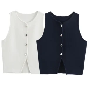 Zevity Women Fashion Sleeveless Buttons Hem Split Knitting Short Blouse Female Basic Slim Shirts Blusas Chic Crop Tops LS6236